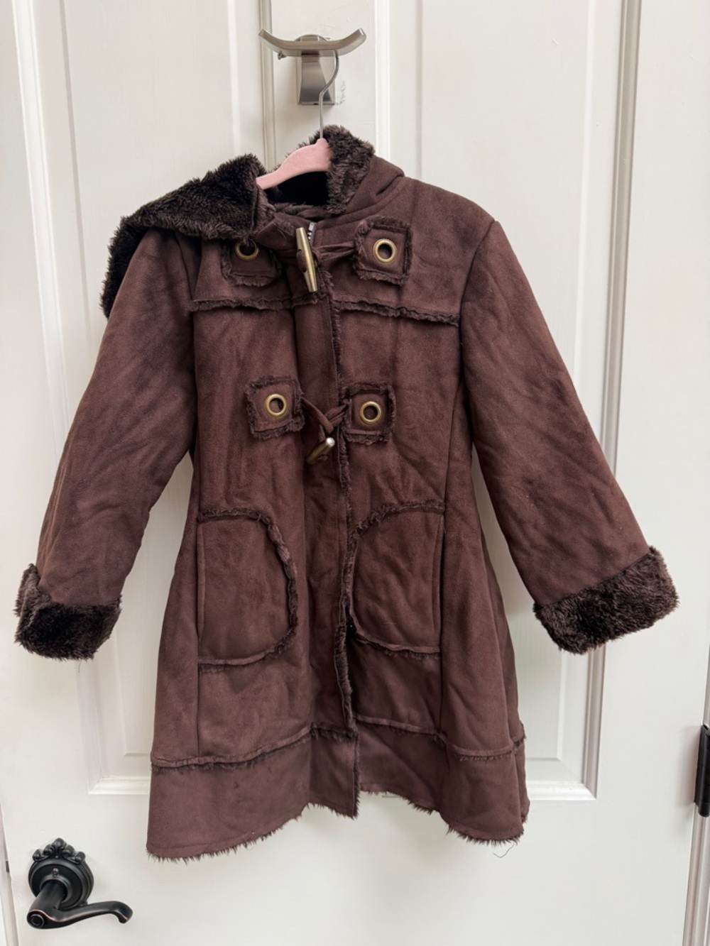 Rothschild Girls 5 / 6 Brown Faux-Suede Toggle Winter Pea Coat Faux-Fur Trim